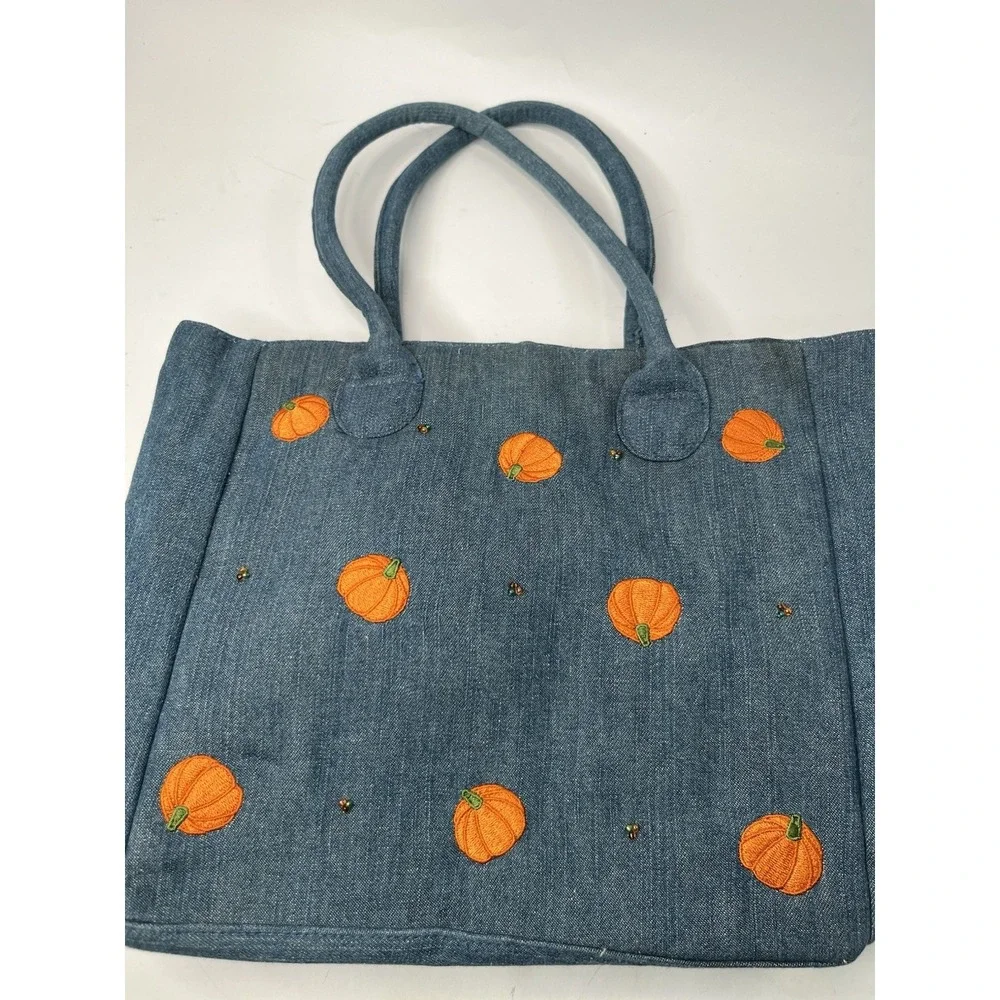 Vintage Quacker Factory denim blue shoulder bag w/ embroidered pumpkins